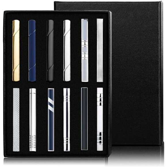 Mens tie clip set 12 pack silver gold black tie bars formal wedding gift box - Picture 1 of 8